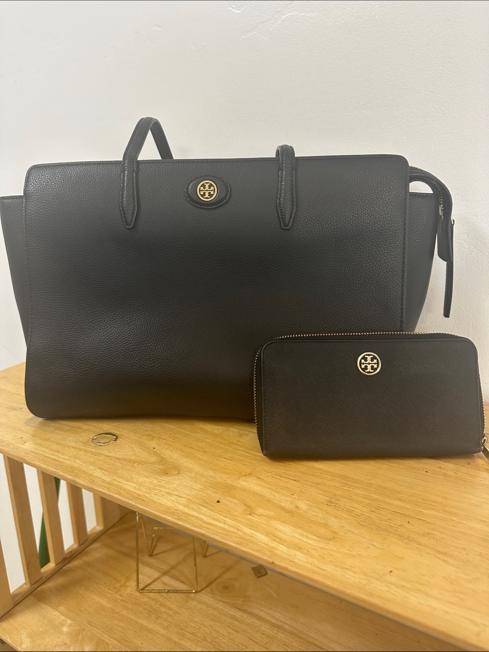 Tory Burch Black Pebbled Leather Tote with Zip Wallet